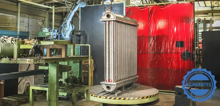 Stainless steel finned-tube pressure vessel on a fabrication shop turntable during manufacturing